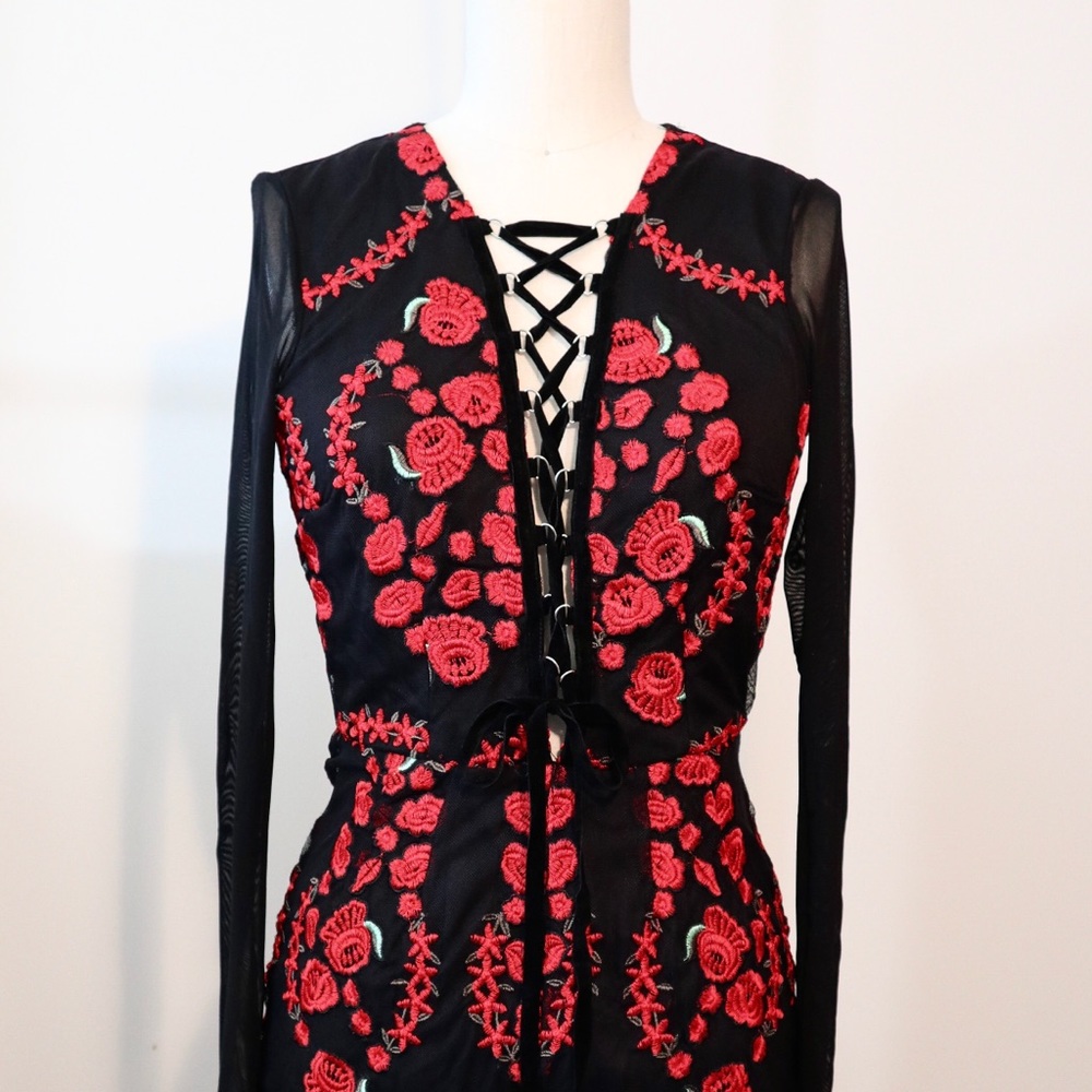 Black Mesh Romper with Red Floral Appliqués